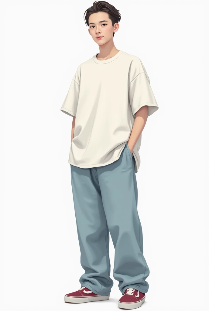 Oversized clothing, men, plain white T-shirt, wide jeans, Vans sneakers, anime, pure white background, front, slicked back center parting