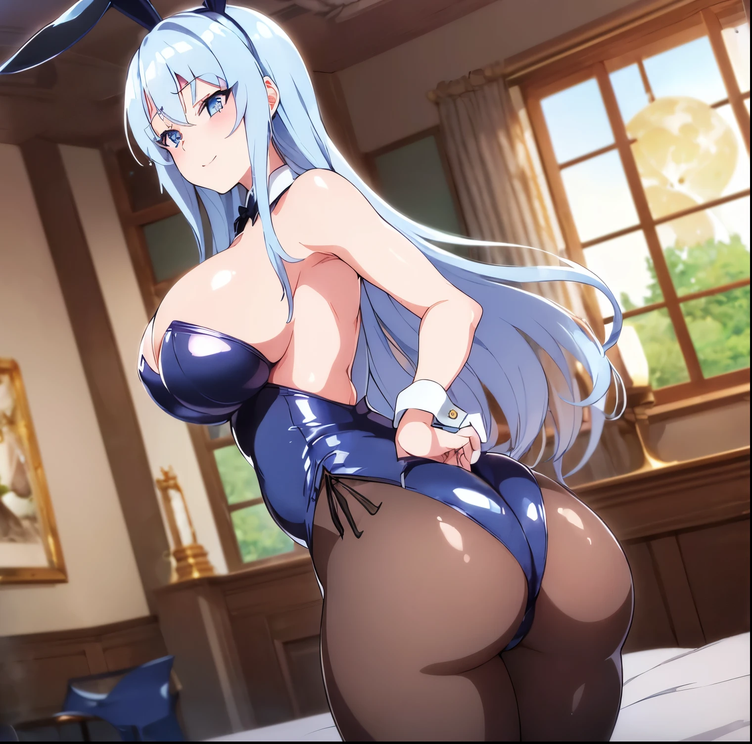 ((1girl)),((alone)), sylpha langlis,(masterpiece), (best quality), (ultra detailed), (best illustration), (best shadow), (absurdities), sharp focus, cowboy shot ,atmospheric perspective, depth of field, dynamic posture looking at the viewer, large breasts, narrow waist, wide hips, wide thighs, round butt, erotic, romantic, (very detailed eyes, lips 1.1), very detailed eyes, eyes, very face detailed, Very beautiful face, full height, beautiful slim figure, femininity, expressive appearance, elastic big breasts, sexuality, long hair, breasts, blush, blue eyes, light blue hair, big breasts, ((blue Playboy bunny suit:1.4 )), ((blue bunny ears)),((neckline:1.4)),((black pantyhose:1.3)), ((bare arms:1.4)), white wristbands, smile, hair between eyes, , curves, defined body, Perfect and beautiful body, perfect and beautiful, closed mouth, smile, happy smile, blushing, (sexy pose: 1.2), ((solo)), standing: 1.3,(( Castle: 1.5, room: 1.5, bedroom: 1.4, bed: 1.5, night: 1.5, window: 1.3, moon: 1.4, clear sky: 1.4)), looking back, from behind, ((focus on ass: 1.4 )), point of view: (from the middle), perfect anatomy, perfect hands