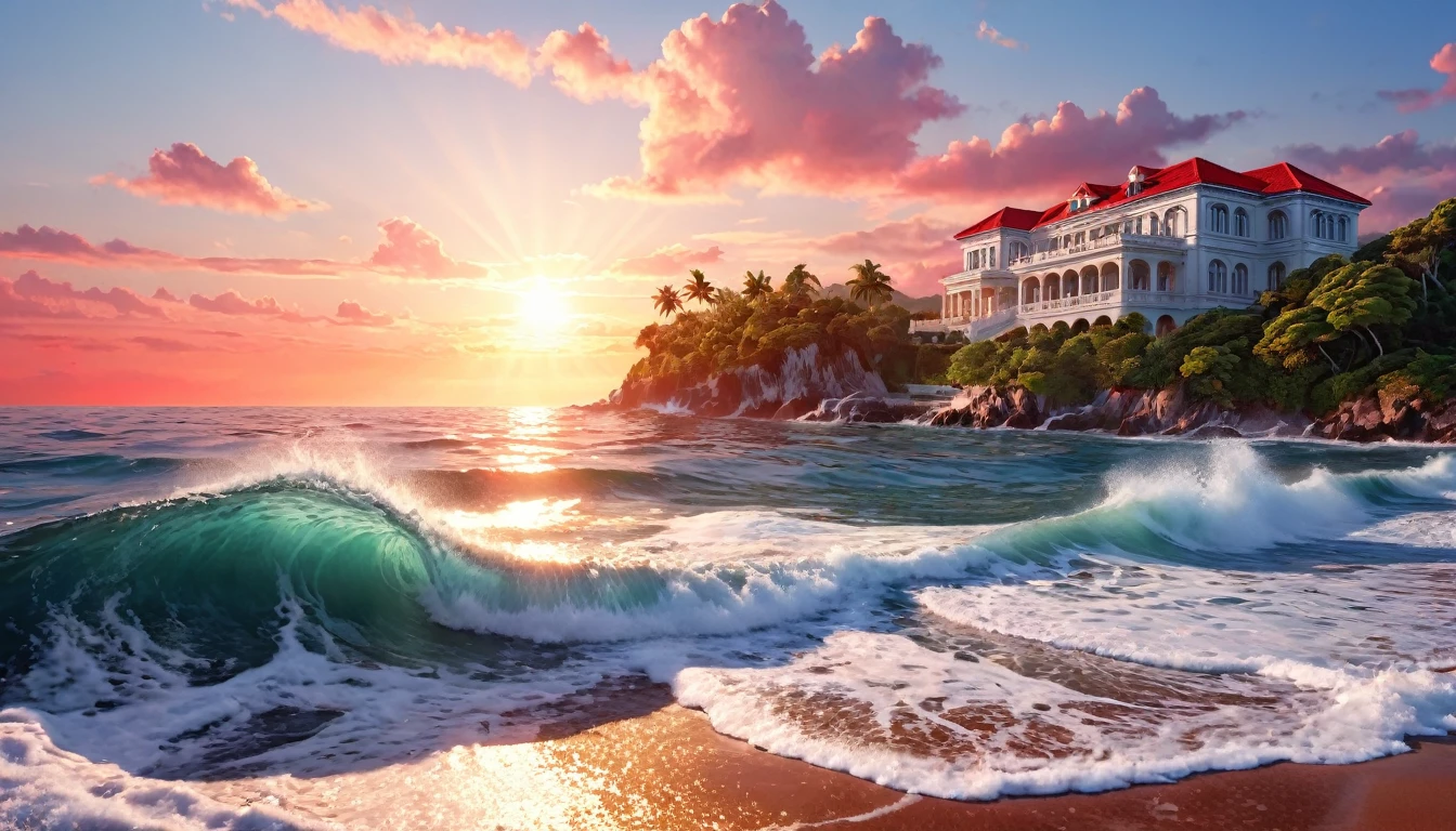 Sunset Beach、(ultra-Detailed Background, Detailed Background), Absurd, High resolution, Super detailed, Very detailed, pealing waves, offshore island, beautiful beach mansion, white marble and red reflections,