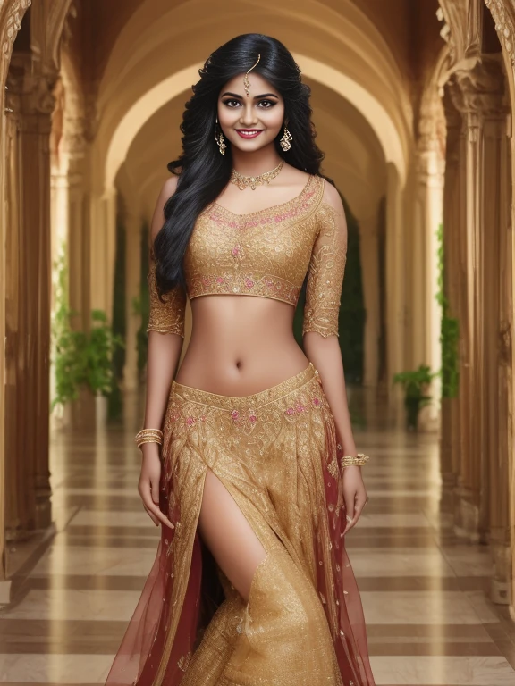 extremely exotic beautiful Tamil girl, 20 year old, erotic poses for magazine, in palm beach, (very very long hair), expensive designer short dresses, expensive ornaments, round deep navel, intricate detailing of faces, bright smile, eyes symmetry, face symmetry, HDR, hyper realistic, intricate detailing