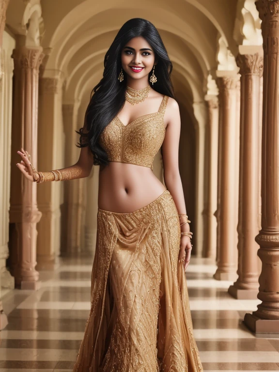 extremely exotic beautiful Tamil girl, 20 year old, erotic poses for magazine, in palm beach, (very very long hair), expensive designer short dresses, expensive ornaments, round deep navel, intricate detailing of faces, bright smile, eyes symmetry, face symmetry, HDR, hyper realistic, intricate detailing