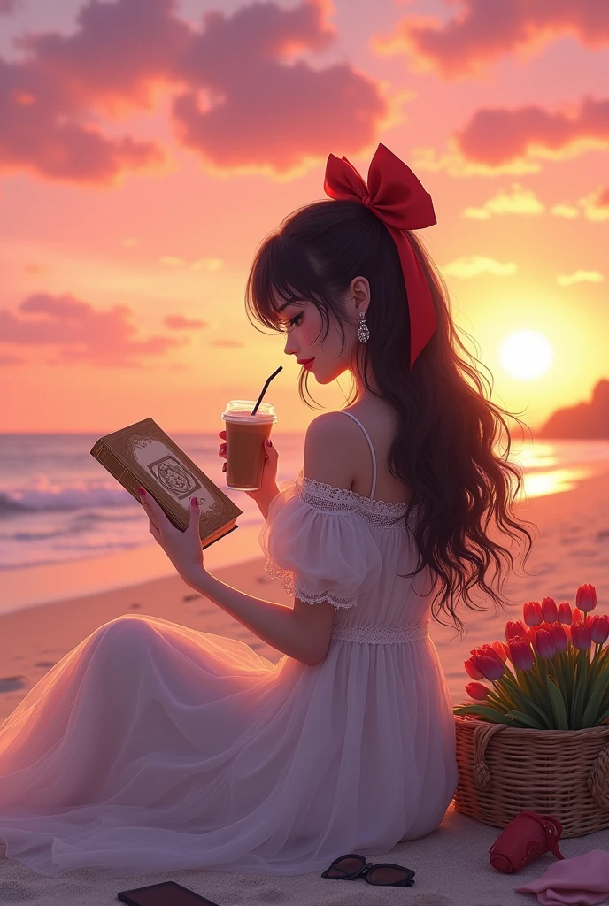 Picturesque pink sunset at the beach with dreamy picnic set up, where Animated classic Ethereal fierce woman, with wavy long black hair with red bow clip at middle back, wearing off shoulder, embroidered white long tulle dress with pearl accessories, holding iced coffee with one straw looking at the classic vintage diary, with mobile phone, tulips bouquet, and beach bag