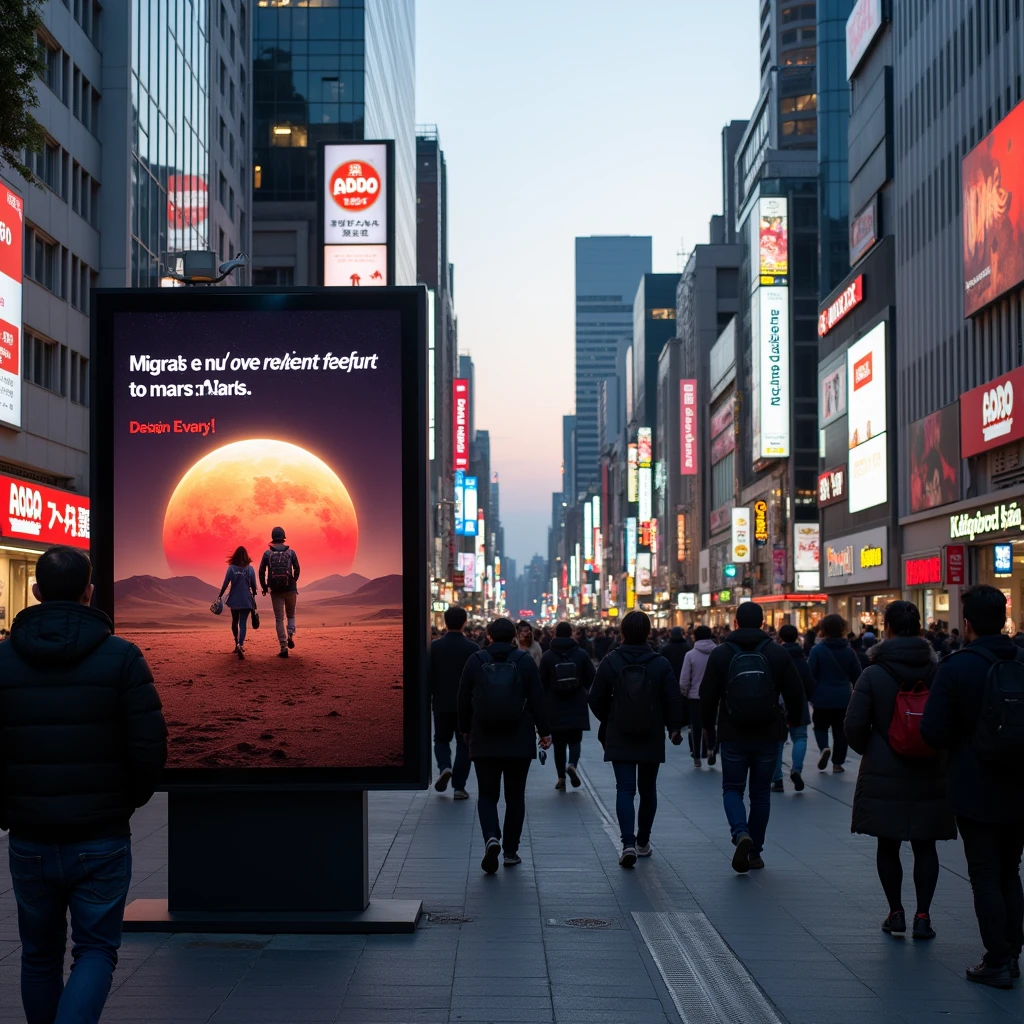 The streets of Tokyo, where people come and go. A commercial encouraging people to migrate to Mars runs on a monitor display.