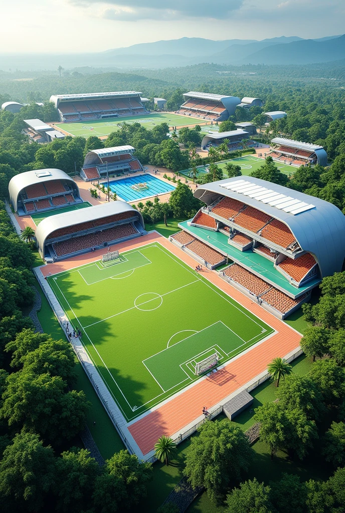 Philippines sports gymnasium with soccer field, swimming pool, basketball court, volleyball court, archery, shooting, entrance, cafeteria, rooms, bathroom, shower room, meeting room, garden,