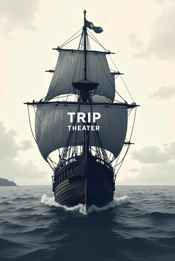 A pirate ship motif illustration as the background、「Trip Theater」A modern and stylish monotone logo with the lettering in the center.