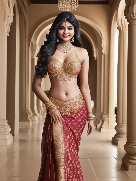 extremely exotic beautiful Tamil girl, 20 year old, erotic poses for magazine, in palm beach, (very very long hair), expensive designer short dresses, expensive ornaments, round deep navel, intricate detailing of faces, bright smile, eyes symmetry, face symmetry, HDR, hyper realistic, intricate detailing