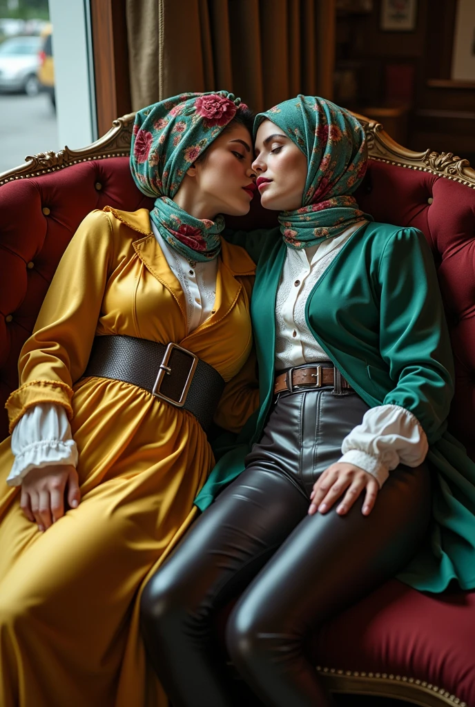 full body shot of two lying non-binary androgynous transvestite crossdressing queer transgender male shemales who are making love while lying with each other lecherous on a cafe lounge, clothing with nubs and buffers, satin blouse, apron, vested smock, pleated cuffs, perforated scarf, holed hijab slick, transparent slick gloves, flowery holed latex rococo green teal hijabi, high-gloss perforated satin leggings, latex diaper, long leather shorts, liquid-lacquered pantyhose leggings, shiny collar, belted mouth black glossy veil, shiny skirt leggings covered, high gloss legging trouser skirt pockets, knob-front, button placket, jezebel high-collar wearing multi-layered high gloss clothing perforated, fluffy eyebrows insanely thick, ballerina glamour, enormous perverted, sensual lewd, holed latex trouser, brown wide belt, printed rose hips, bow style glossy flowered headscarf fully covered, silky bolero, flowery jilbab satin floral hijab veils blouse tunic, very long sleeved latex clothing, floral mouth purple brown lipstick, shiny flowery satin slick-lacquered mint red belt with knobs, wearing teal yellow mustard colored holed perforated layered shiny vest-blouse from top to bottom with knee length shiny boots and a floral latex leggings over the pleated blouse with shiny long tunic-blouse and pockets, tripple belt brown purple, floral satin high collared long sleeve blouse with buttons and knobs, high-necked liquid-lacquered high collared long leg romper, glossy-satin coat, floral chest-blouse, very high collared blouse made of satin and PU faux glossy-satin with shiny floral face golden black hijab and pockets, so much floral satin high collared blouson with button placket, long open button-front blouse hanging, satin high collar, satin gloves, plissee pleated glossy longskirt with knobs, slick long trousers, buttoned slick skirt, pockets, knobs, a lot of bows, flowery satin hijab knobbed, floral latex and glossy-satin khimar long buttoned, cumshot covered, spermed