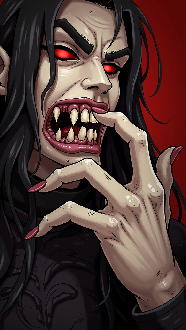 Orc with dark green skin, Red eyes, black hair, a broken fang