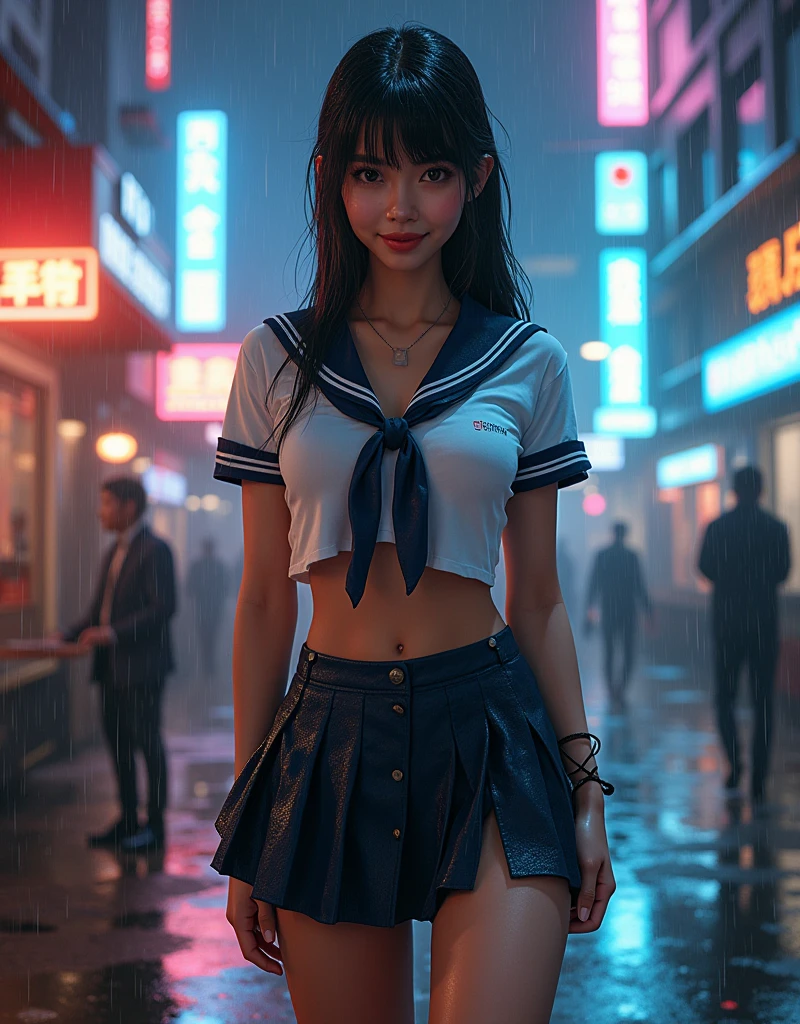 A very beautiful woman of no nationality with oriental features、Wearing a sailor suit、Squat with your legs wide apart、Smiling Kindly、Low angle shot、Beautifully detailed and wet sailor suit texture、Beautifully detailed wet bodies, faces and hair、Ideal body type、Big Breasts、Tight waist、Detailed navel、Beautifully detailed thighs、Beautifully detailed eyes、Beautifully detailed mouth、Long eyelashes、Facial features are detailed、Short skirt、Cyberpunk City's Entertainment District、night、rain、