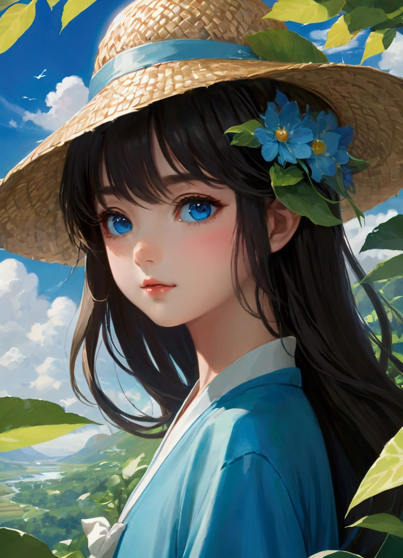 gorgeous, Shiny, (painting),(Character Design Sheet, Same role, front, side, Back, There is text written around) ,Firming,Radiant skin, Bangs between the eyes, Shiny直美丽的金发, Bright blue eyes, Beautiful and lovely , baby face, 白色褶side短袖上衣, Have a suitcase, Wearing a straw hat, cloud, Leaves