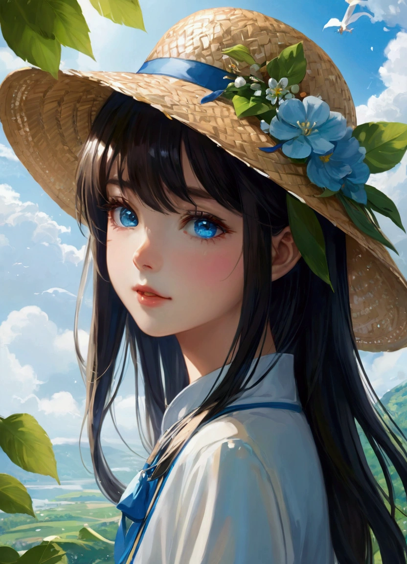 gorgeous, Shiny, (painting),(Character Design Sheet, Same role, front, side, Back, There is text written around) ,Firming,Radiant skin, Bangs between the eyes, Shiny直美丽的金发, Bright blue eyes, Beautiful and lovely , baby face, 白色褶side短袖上衣, Have a suitcase, Wearing a straw hat, cloud, Leaves