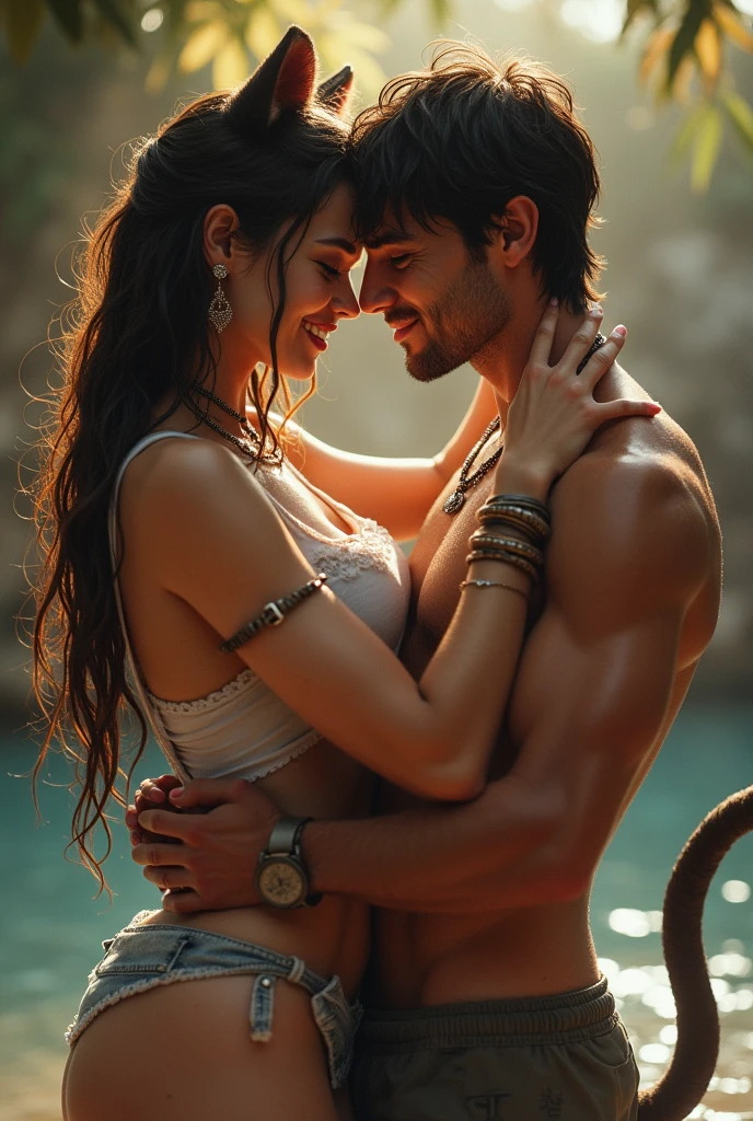 a cats woman is holding on to a cats men in wet clothes, 1girl, long hair, smile, short hair, shirt, black hair, 1boy, navel, jewelry, closed eyes, hetero, heart, earrings, shorts, midriff, necklace, bracelet, black shirt, facial hair, couple, denim, t-shirt, realistic