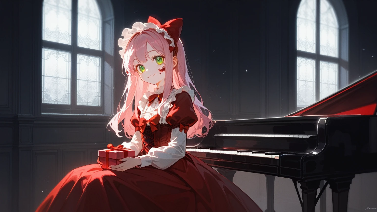 A young girl,Extra-long pink hair,Wearing a big red bow on her head,Lolita,Long skirt,Puff sleeves,Lace,Green Eyes,Smile,gift box,Movie Lighting,window,indoor,moonlight,Blood on the face1.3,Sitting on the piano with knees folded,Backlight,Movie Lighting,Horror represses,The character is on the right