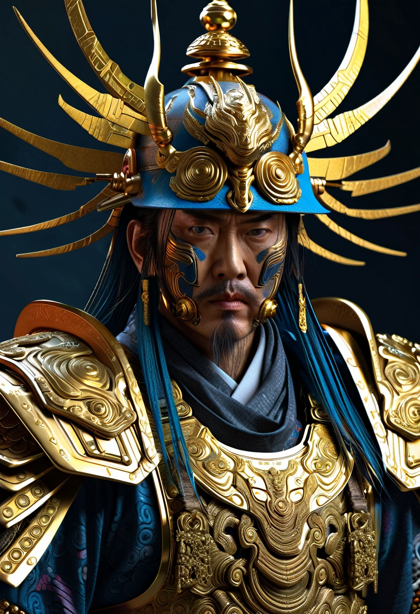 The Warlord, cyberpunk samurai warrior, Junji Murakami style, intricate details, hyper realistic, insanely realistic and intricate, golden ratio, hypermaximalist, matte painting, cinematic, cgsociety, zbrush, vray lightness, vivid colors