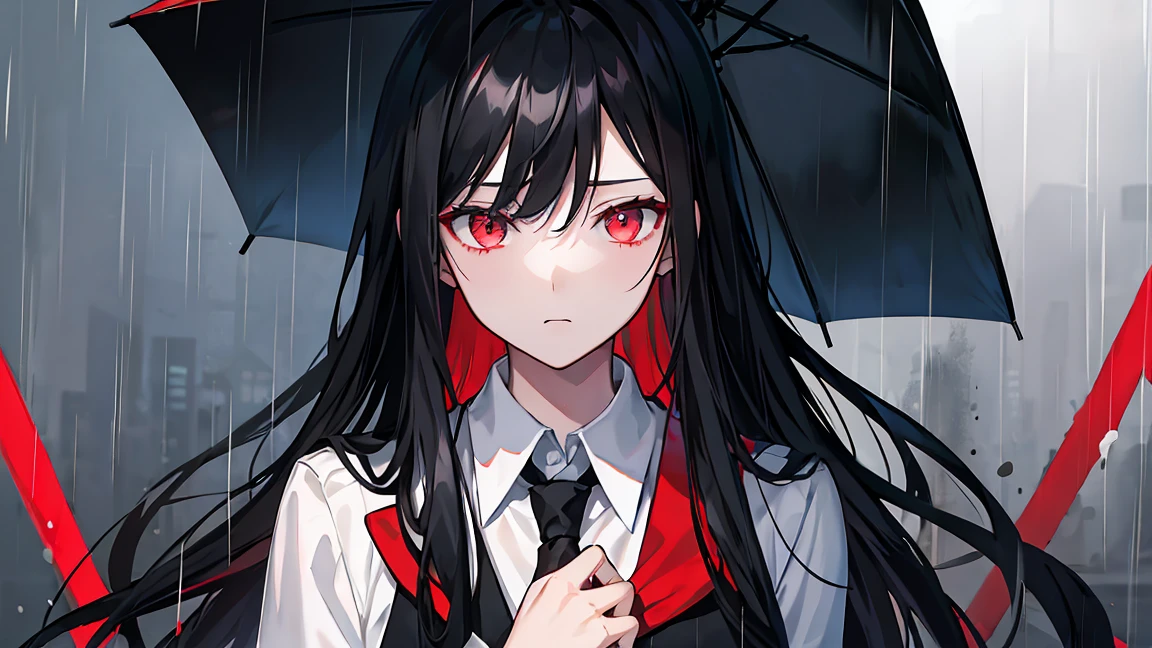 Black Hair、male、Bright red eyes、Long Hair、upper body perspective、Just standing、Raining background、Black Suit、Looking down with cold eyes、Hold an umbrella