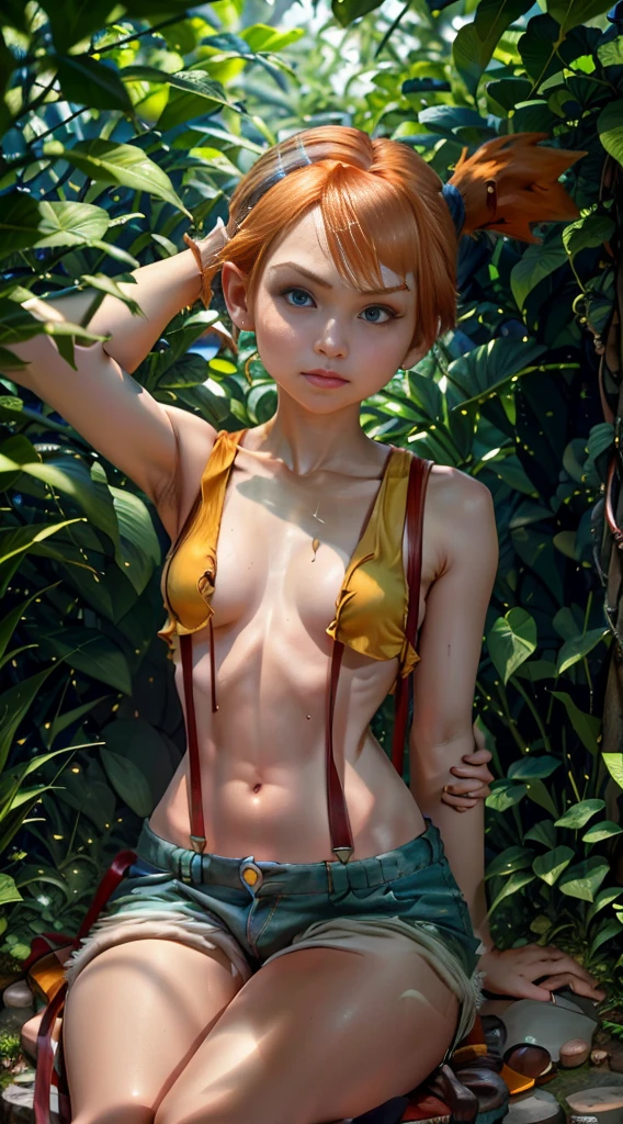 masterpiece, best quality, highres, 1girl, misty (pokemon), orange hair, solo, serious face look, full of sweatsshorts, suspenders, side ponytail, orange hair, midriff, nude naked boobs with small nipples, navel, short hair, denim, denim shorts cowboy shot, outdoors, small breasts, Externally expanded Chest,sitting, pinky room background, hands hidden behind