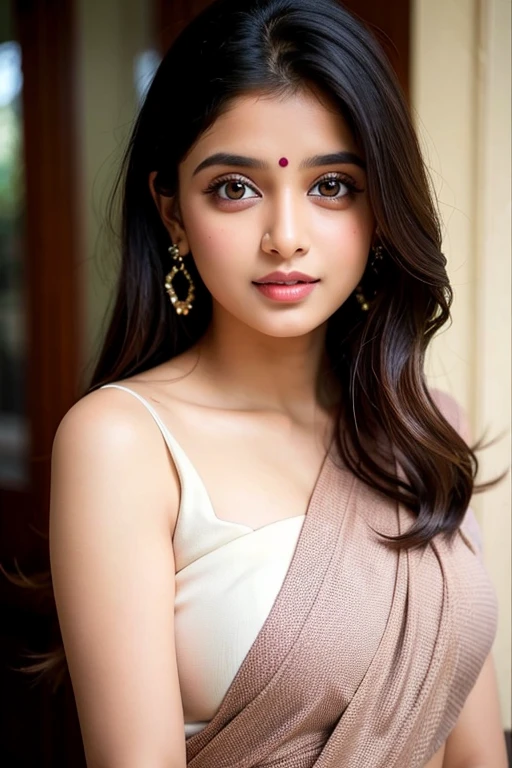 An Indian girl wearing saree with beautiful eyes and lips