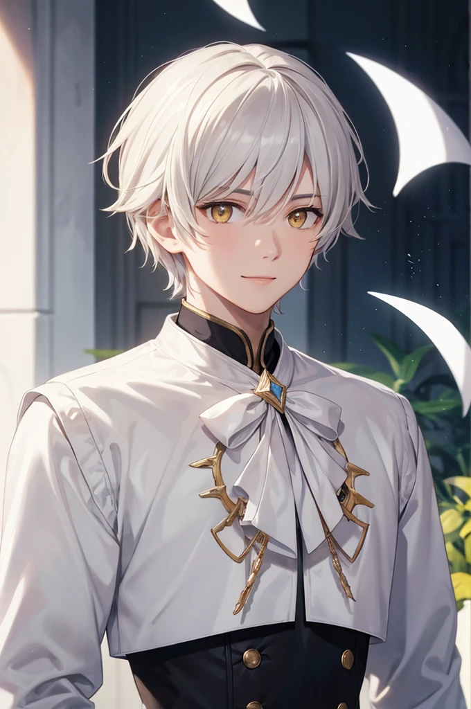 (((masterpiece; best quality: 1.2))), (finely detailed eyes: 1.3), ((1 young man)), ((solo)), (yellow eyes: 1.4), (body shape; lean, masculine, manly: 1.3), (very short white hair: 1.3), (beautiful and clear background: 1.2), ((depth of field)), (equipment: high-fantasy nobleman attire + white long-sleeve overcoat + black vest + black high-neck shirt + gloves: 1.3), (anime illustration: 1.2), (background composition; palace gardens + day: 1.1), (extremely handsome: 1.1), (shot composition; standing + centered on face + bust close-up: 1.5), (facial expression; calm, smile: 1.2)
