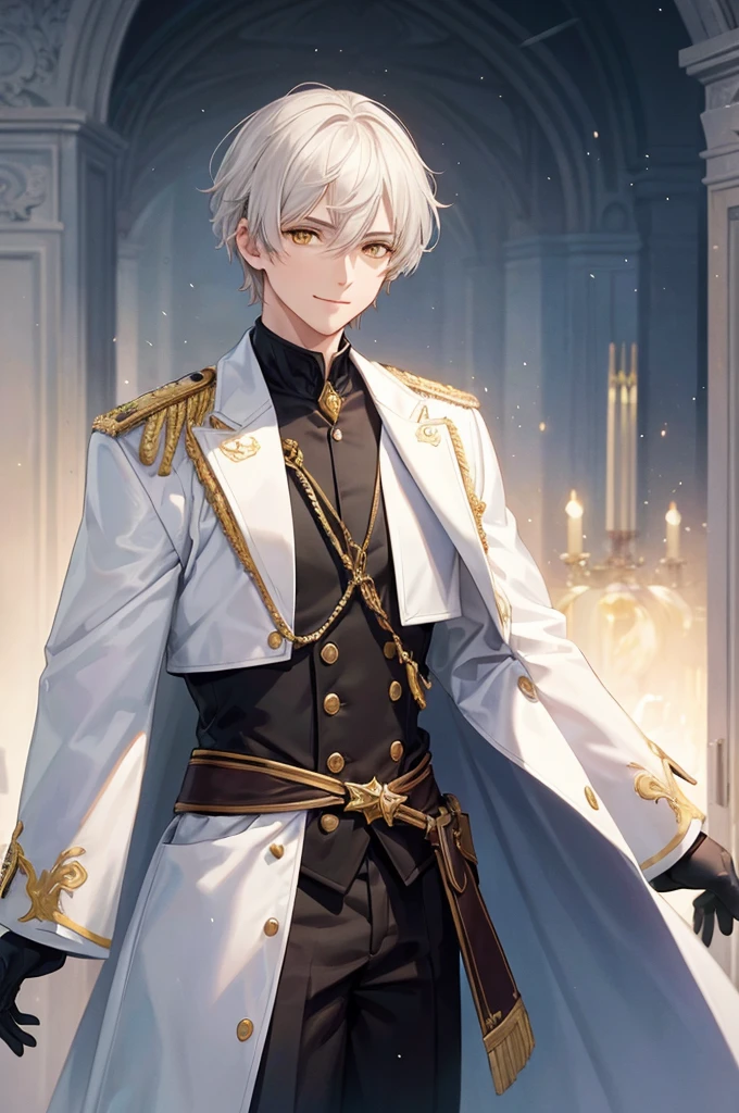 (((masterpiece; best quality: 1.2))), (finely detailed eyes: 1.3), ((ung man)), ((solo)), (yellow eyes: 1.4), (body shape; lean, masculine, manly: 1.3), (very short white hair: 1.3), (beautiful and clear background: 1.2), ((depth of field)), (equipment: high-fantasy nobleman attire + white long-sleeve overcoat + black vest + black high-neck shirt + gloves: 1.3), (anime illustration: 1.2), (background composition; palace gardens + day: 1.1), (extremely handsome: 1.1), (shot composition; standing + centered on face + bust close-up: 1.5), (facial expression; calm, smile: 1.2)