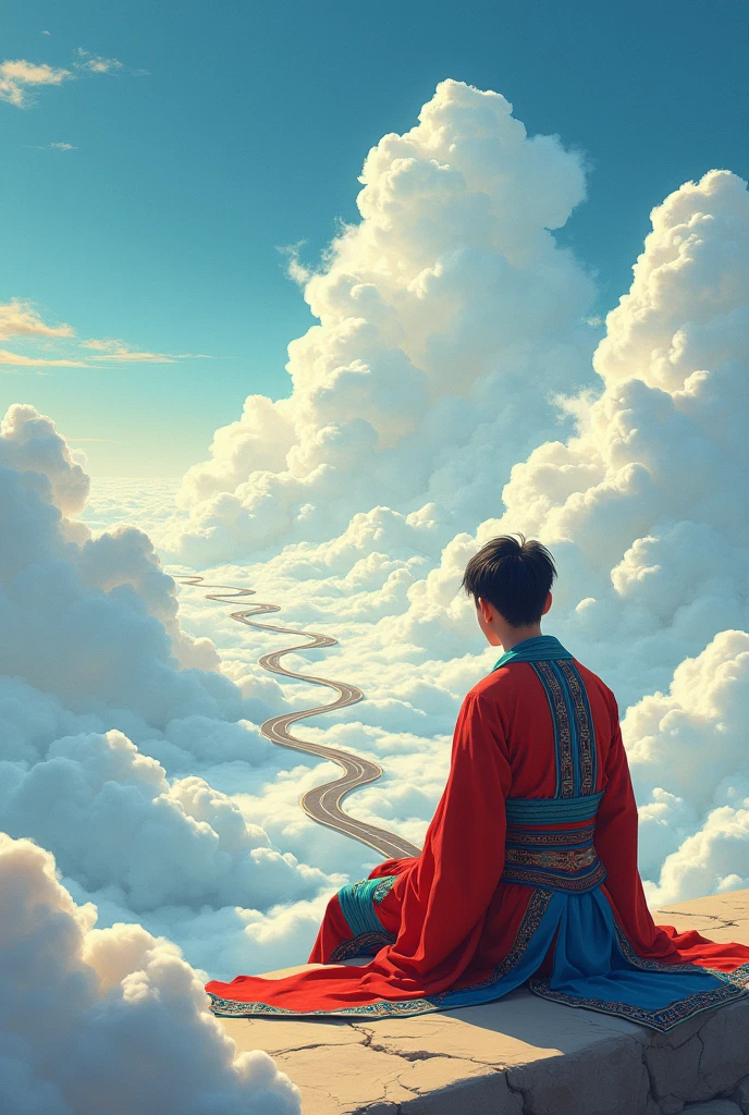 create a man around twenty years old, he wearing Hmong clothes in his clothes have red and blue colors. He is sitting on the heaven road nine intersections. that's place have many cloudy in road side.