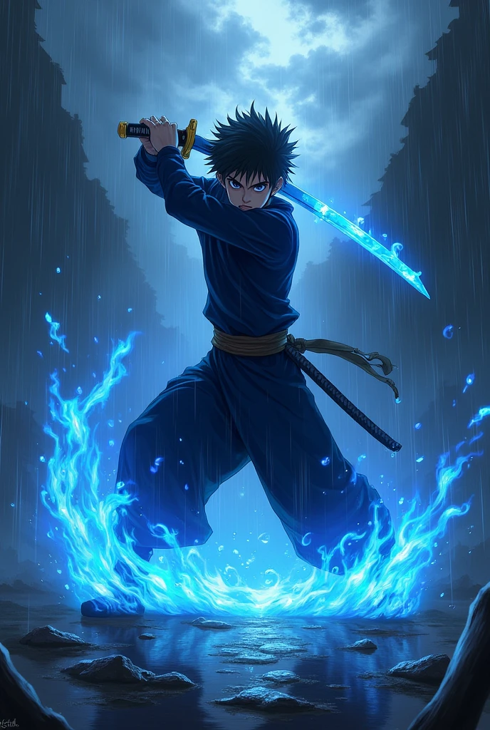 Rin okumura (boy), covered in his blue flames and angry using his katana in the rain background (dark) theme