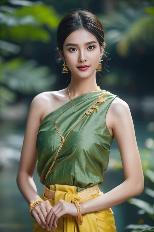 Thai woman wearing Thai Chakkri with open chest, bare shoulders, round breasts. Gorgeous, attractive, elegant Thai model, attractive face and body, sexy, charming, simple plain green Thai shirt.