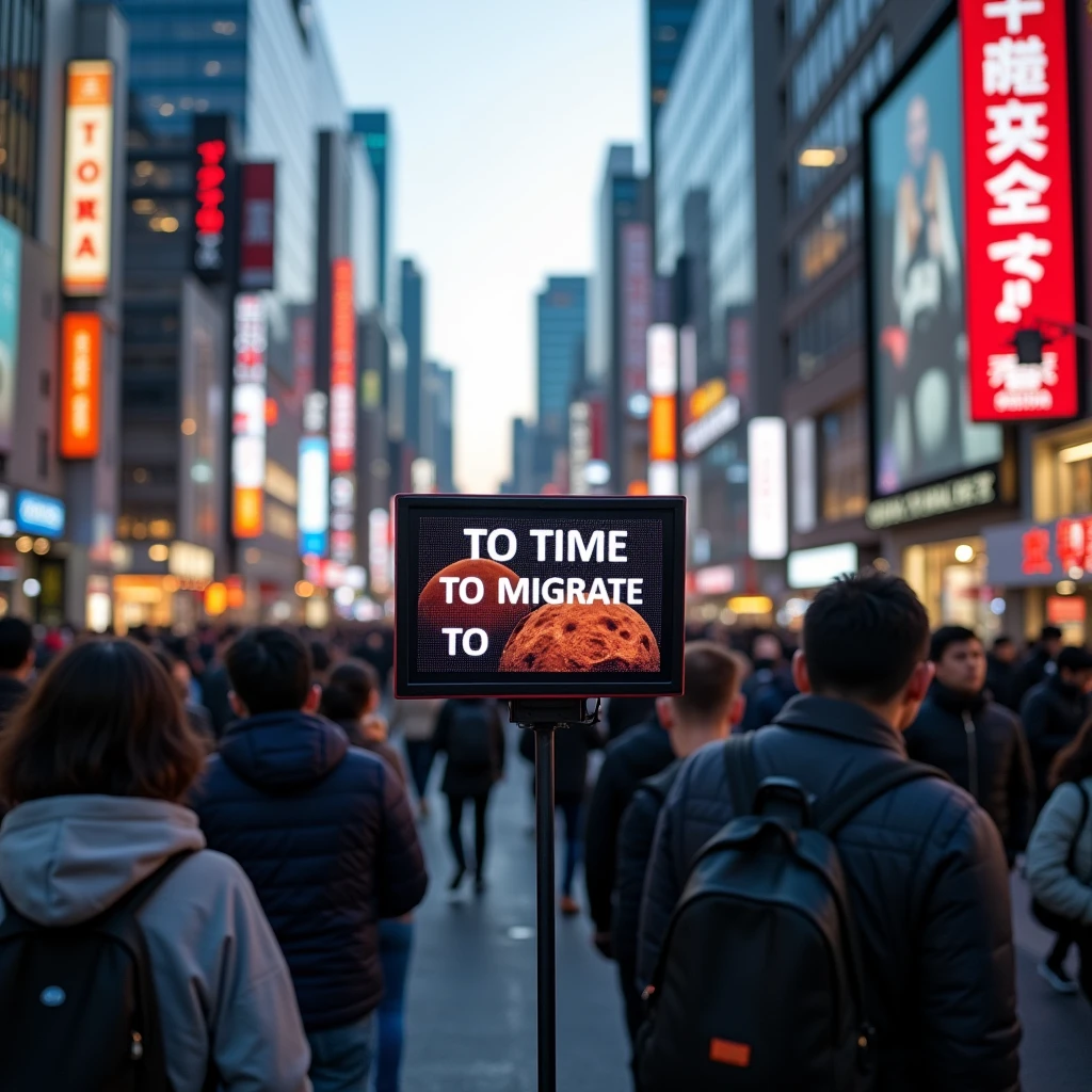 The streets of Tokyo, where people come and go. A commercial encouraging people to migrate to Mars runs on a monitor display.