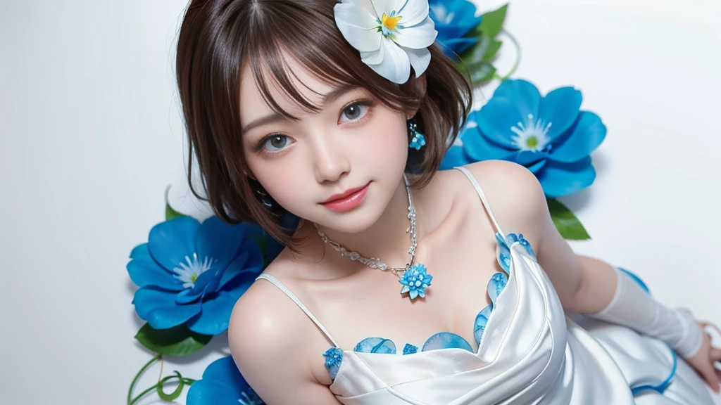 8k,Confused, High resolution, Very detailed, 1 girl, alone, Very beautiful eyes, Ultra-precise depiction, artistic、Very detailed depiction, (Tangled:1.2), , (White high key background:1.5), (((White dress with blue flower pattern 1.5))), 、 short hair、Loose wavy hair、Earrings and Necklaces、Brown Hair, (Glowing Skin), Many colors, , (Shooting from above:1.2),、Flat Body、slim、cute、、Round face、Cast a Shadow、、Smile 1.3