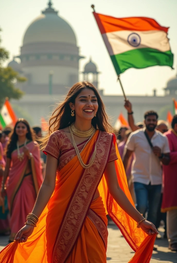 create an image of   25-year-old women joyfully celebrates wearing traditional saree Indian flag.
celebrating indian independence day ,
behind people celebrating india indipendenc day on the road if Indian parliament house. 
increase brightness 