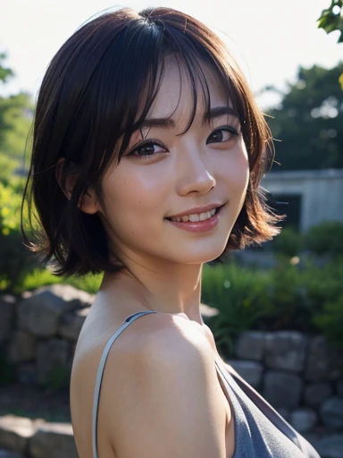 RAW Photos、masterpiece、Highest quality、Realistic、超High resolution、High resolution、16k wallpaper、Very detailed、Finer details、Cinema Lighting、In front of the stone wall、18-year-old female、Realistic Skin、((Dark Eyes))、A shy smile、(Medium Short Hair)、Grey Dress、Yoshitomo Nara, shikamimi, Chiho, mayuri shiina, A real young gravure idol, beast, , Kotegawa Yui, 8k、narumi kakinouchi