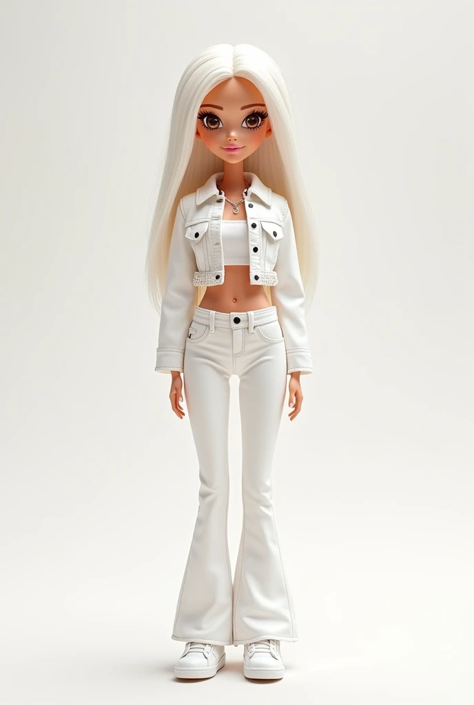 Cartoon Barbie with white hair ,short ,brown eyes dressed in high-waisted white bell-bottom jeans and a white jeans jacket with white chains  ,white tennis shoes ,all white clothes no belly button light skin