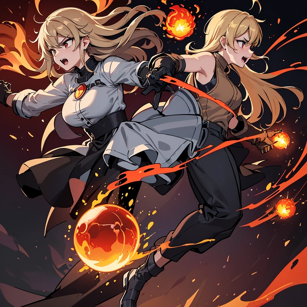 ((((Solo))))、Best illustrations、Best Quality、(Full body character concept、Character Design)、(((Grey Armor、Black trousers、Black gloves))、(woman、18-year-old)、(Blonde、Long Hair)、(Get Ready、Run)、(get annoyed、Open your mouth)、(Particles of light, light, fireball、Flaming Ball、Tornado of Fire、Fire Magic)、Dramatic Angle、Red aura、From the side