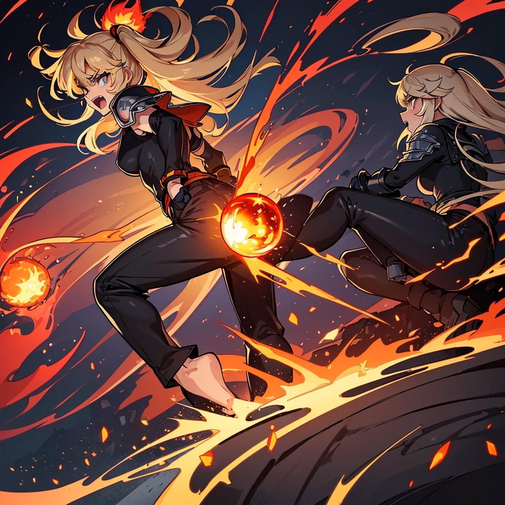 ((((Solo))))、Best illustrations、Best Quality、(Full body character concept、Character Design)、(((Grey Armor、Black trousers、Black gloves))、(woman、18-year-old)、(Blonde、Long Hair)、(Get Ready、Run)、(get annoyed、Open your mouth)、(Particles of light, light, fireball、Flaming Ball、Tornado of Fire、Fire Magic)、Dramatic Angle、Red aura、From the side
