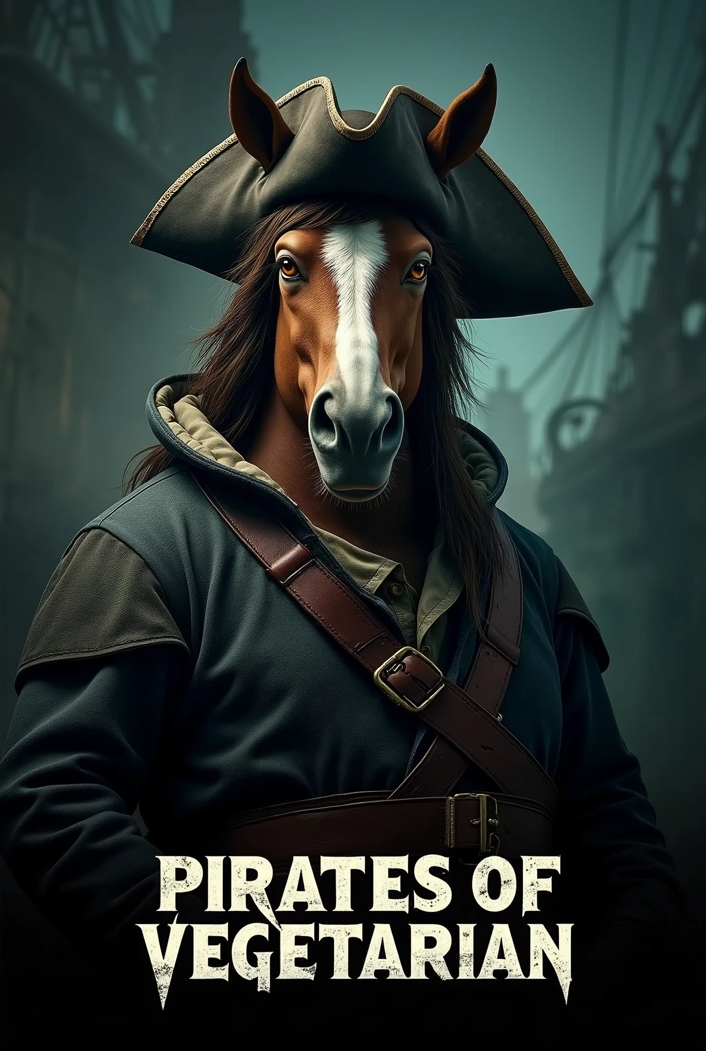 Create a cinematic poster featuring photorealistic portrait of Dressed animals - a ((fat)) horse pirate, , wearing pirate costume and pirate hat , with a serious, intense expression, He should be slightly off-center in the composition, The background should be dark and gritty, pirate's ship with smoky or grunge textures, Use a color scheme of black, deep blues, and dark greens, with subtle silver or gold accents to capture the show's mood, At the bottom of the poster, place the text "PIRATES OF VEGETARIAN" in large, bold, distressed letters, in a sans-serif font. The text should have a cinematic style, with slight shadow or glow effects to make it stand out against the background.