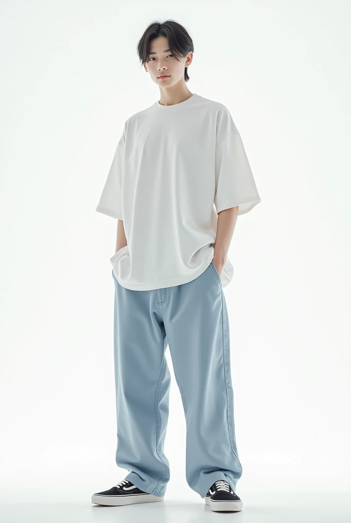 Oversized clothing, men, plain white T-shirt, wide jeans, Vans sneakers, anime, pure white background, front, slicked back center parting