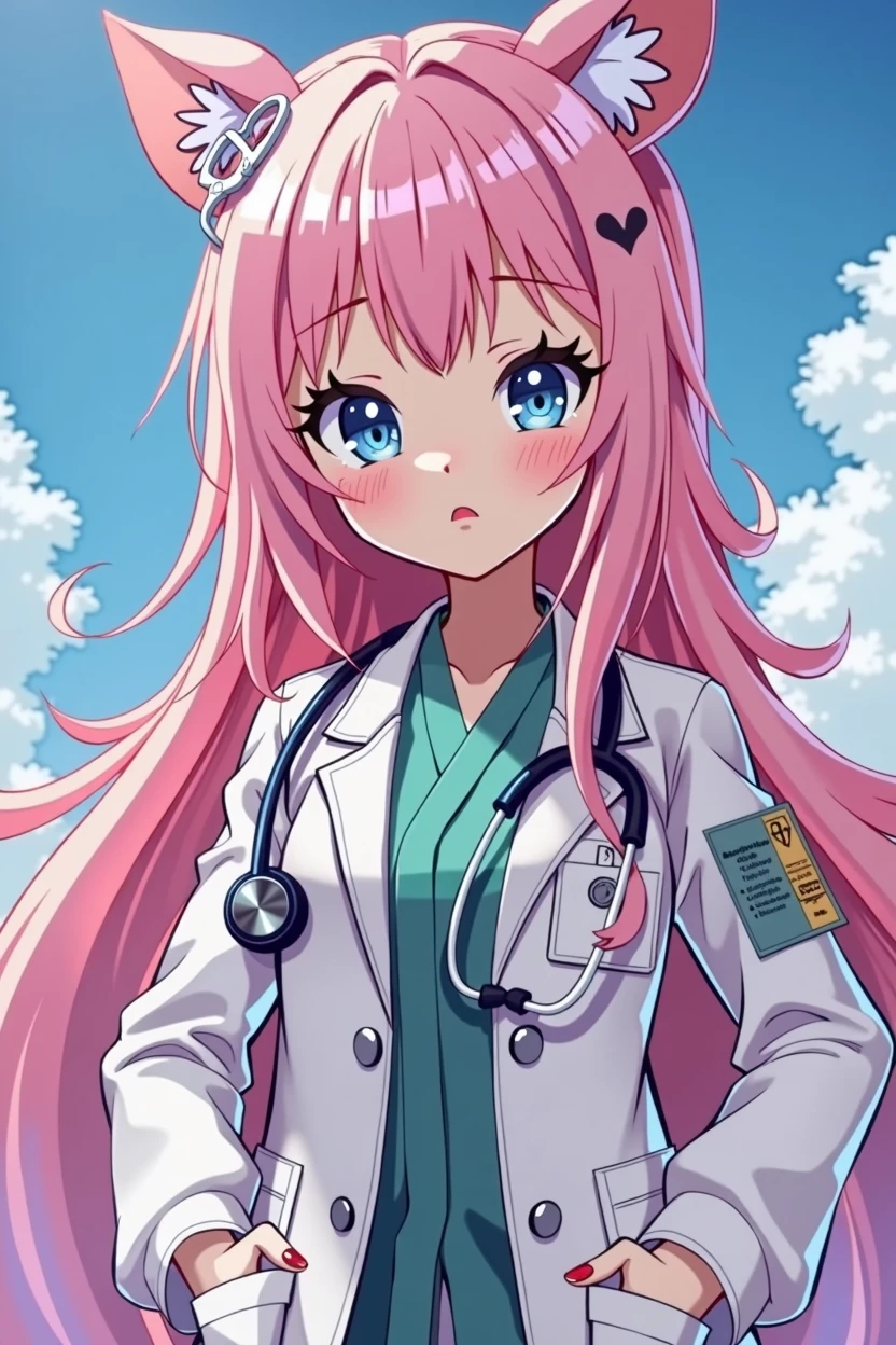 8k, work of art, best qualityer, girl with light pink hair with long pink hair and gray-blue anime eyes and a stethoscope around her neck and an extremely stylish veterinary medical lab coat full of veterinary accessories, a women's lab coat with a unique print inspired by LOL Magical Girls
