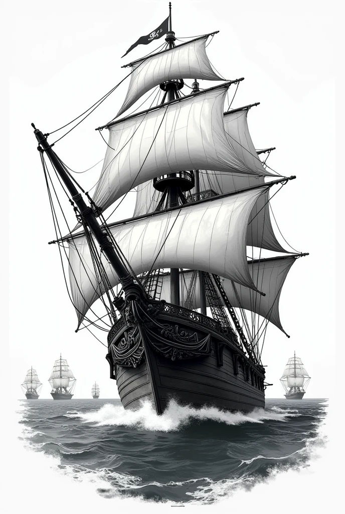 A pirate ship motif illustration as the background、「Trip Theater」A modern and stylish monotone logo with the lettering large in the center.