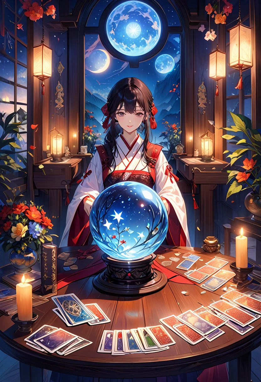 美しく神秘的なfortune teller，Compact and fun environment. ケープを羽織ったfortune teller, Delicate facial features. Facing forward.

The scene is dim, Create an atmosphere of uncertainty and expectation. テーブルに座るfortune teller, Tarot Cardsで飾られた, Crystal Ball, Tarot Cards. The table is surrounded by candles, Creates a mysterious atmosphere. 

The lighting in the room was dim, casting seductive shadows，Enhance the mystical atmosphere. Tarot Cardsを持っているfortune teller, Observing Signs to Gain Insight into the Future. 

The overall artwork must be of the highest quality, 解像度は4KAlsoは8Kです. The level of detail must be extremely detailed and realistic, Almost photorealism. 

Artistic style should reflect official aesthetics, Bright colors，Strong contrast. The color tone is、The mystical and mystical theme of the artwork must be emphasized。. 

fortune teller&#39;The cape has an intricate pattern, Metal frame with thickness ratio of 1.5. Also, A decorative border of roses should be incorporated into the piece.. 

The scene must have a magical feel to it., Like a night sky full of stars. fortune teller&#39;Facial expressions should convey mystery and curiosity..