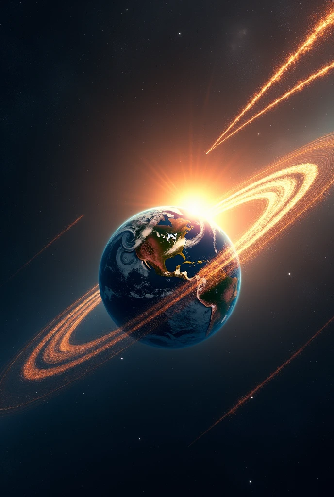 Earth revolving around the sun with meteors over around with earth and sun sound