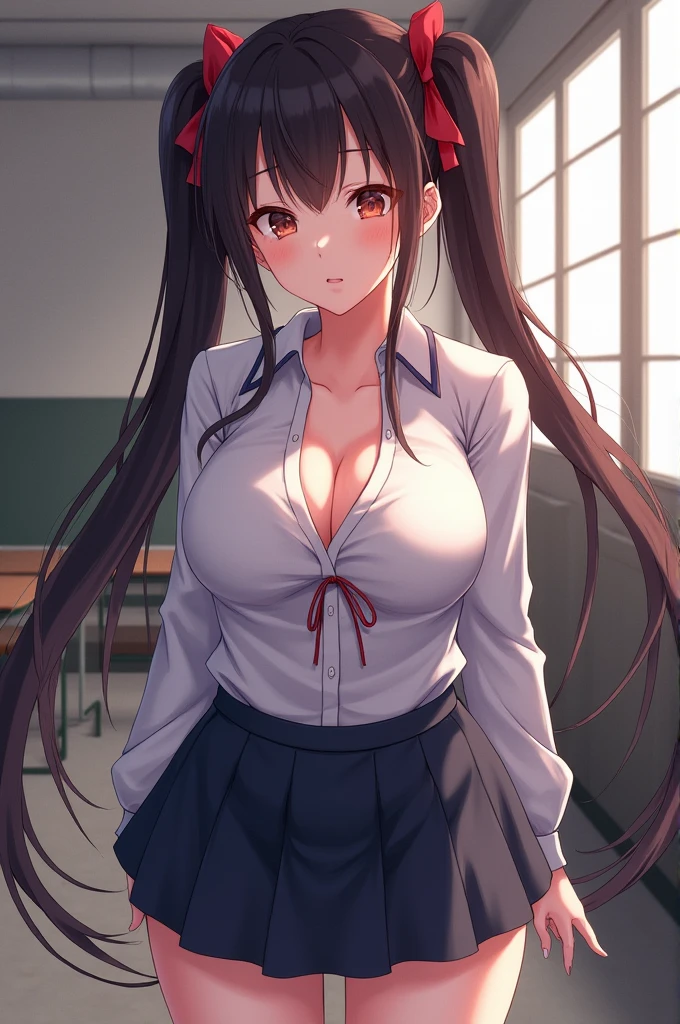 1girl, cowboy shot, classroom, 
komi_shouko, black eyes, black hair, long hair, , red bowtie, jacket, blazer, long sleeves, striped, pleated skirt, red skirt, black pantyhose,  best quality, masterpiece, highres, nude busty breasts , nipples showing, cleavage, sexy 