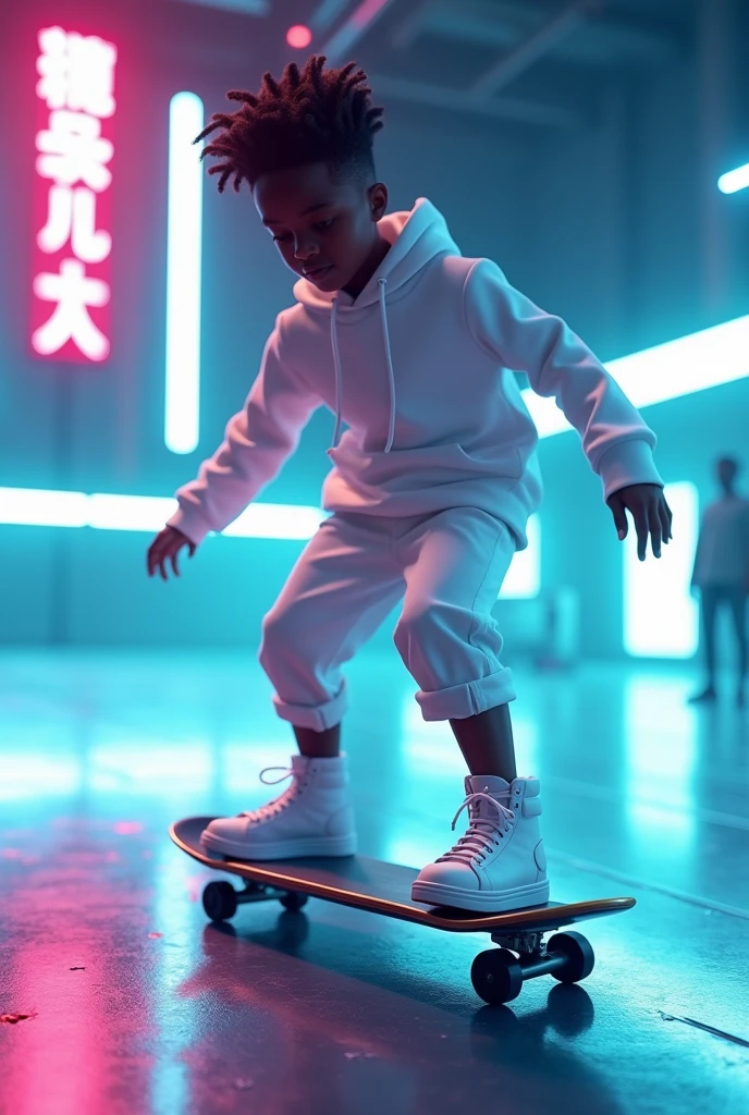 a black boy in white clothes skating with a futuristic flying hover board next to the viewer's face, in an afro futuristic skate arena, neon lights shining around the arena, very high detailed and clear image, providing a cinematic look like shot from a 70mm lens panavision camera, 32k high definition and high resolution images, unreal engine 5 rendered. Hyper-realistic images with high detailed features providing a viewer with a clear high definition well created masterpiece