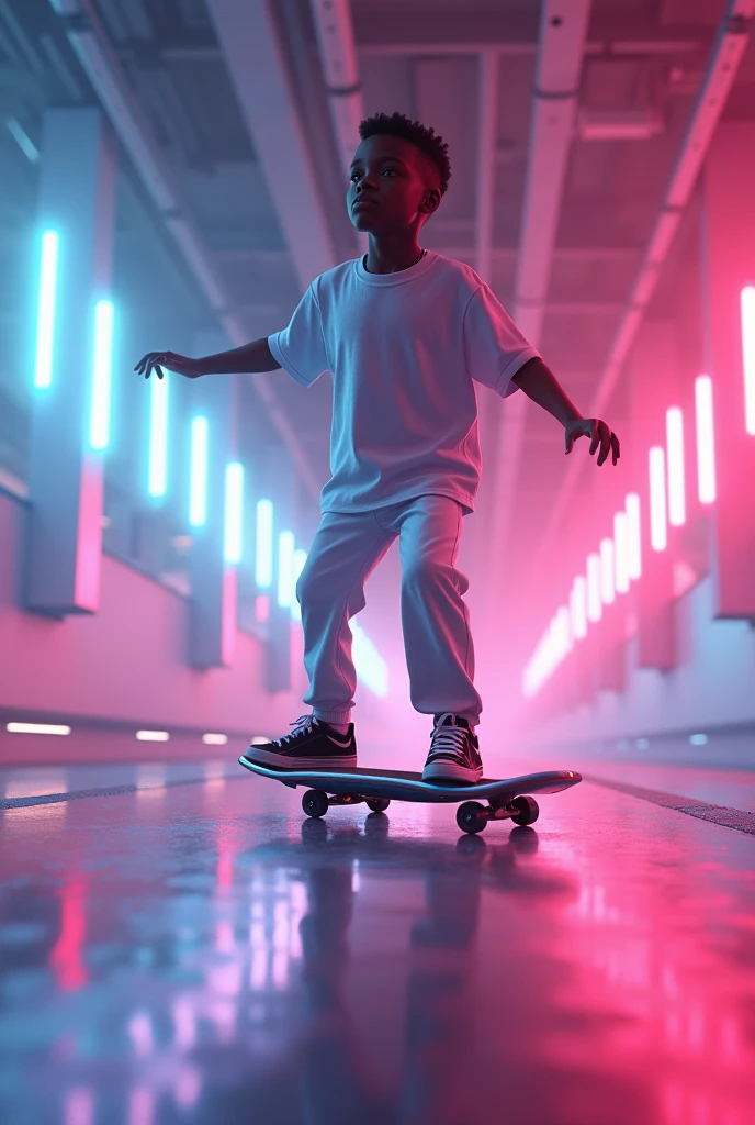 a black boy in white clothes skating with a futuristic flying hover board next to the viewer's face, in an afro futuristic skate arena, neon lights shining around the arena, very high detailed and clear image, providing a cinematic look like shot from a 70mm lens panavision camera, 32k high definition and high resolution images, unreal engine 5 rendered. Hyper-realistic images with high detailed features providing a viewer with a clear high definition well created masterpiece
