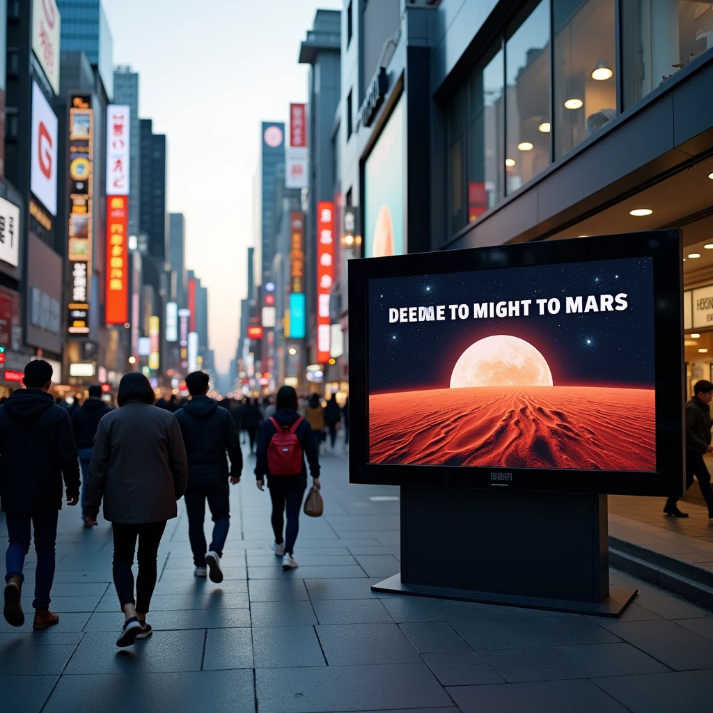 The streets of Tokyo, where people come and go. A commercial encouraging people to migrate to Mars runs on a monitor display.
