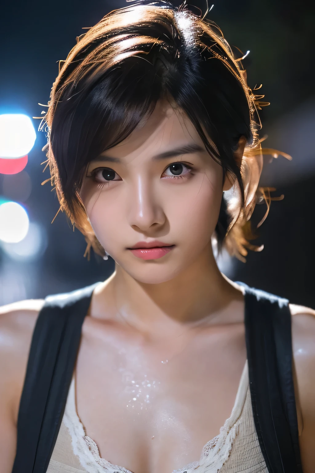 Wet roads ,drenched, Dripping, Wet Face,Wet clothes, Wet Skin, Wet Hair,A young woman with a cute face like a Japanese idol,(Cleavage),((Cinema Lighting),(Natural light),(High level of artistry),(artistic),(Indistinguishable quality from the real thing),RAW Photos,Genuine,Genuine,High resolution,RAW Photos,masterpiece, beautiful, Handsome Tomboy, Looks like a salon model, Cool face, Neutral facial features,Cowboy Shot