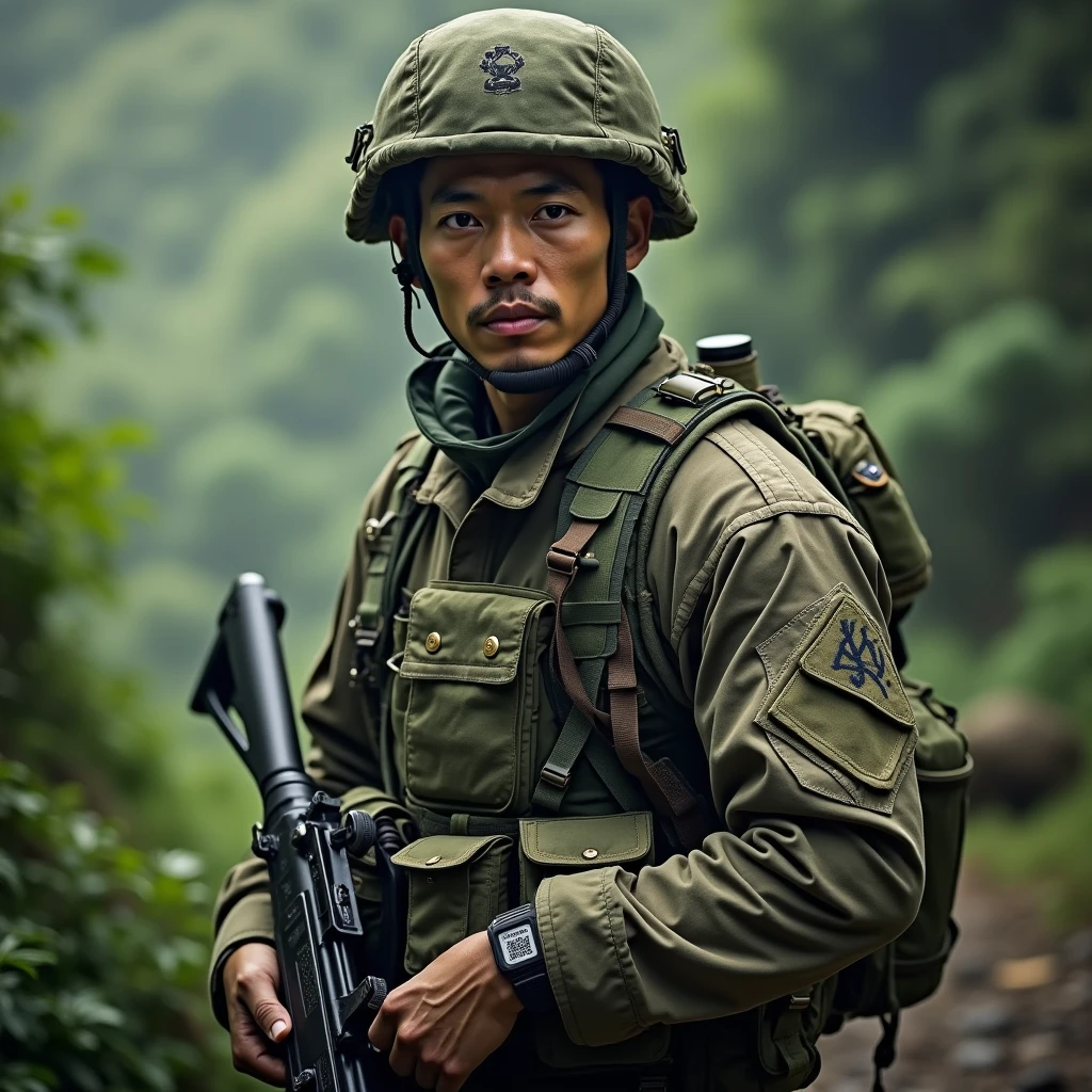 Asian male soldier，Wearing camouflage uniforms，Strong physique，Background Jungle