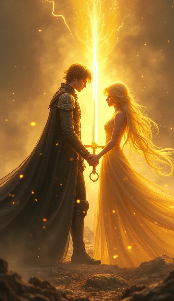 On the brink of defeat, Voltex kneels before the Radiant Princess in the midst of the desolate battlefield. His once dark and ominous presence is transformed as the Princess, draped in her shimmering golden gown, places her delicate hand on his shoulder. A brilliant golden light flows from her, infusing Voltex with divine power. His long black coat and sword begin to glow with a radiant golden hue, and his hair, once dark, now shimmers with streaks of gold. As he rises, his entire being is enveloped in the warm, blinding light, his red eyes now blazing with newfound intensity. Empowered by the Princess's blessing, Voltex brandishes his sword, now pulsating with golden energy, ready to unleash his enhanced "Shadow Eclipse." The battlefield is illuminated by his golden aura, and the darkness that once surrounded him begins to recede, unable to withstand the combined power of light and shadow. The scene captures the moment of transformation, where Voltex becomes a beacon of hope and strength, fueled by the Princess's divine light.