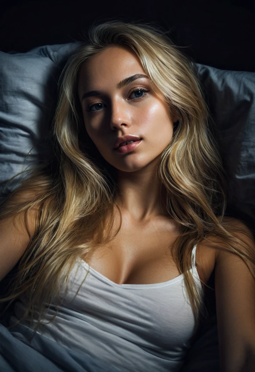 Sexy blonde lying in bed dark room at night Realistic selfie long hair 