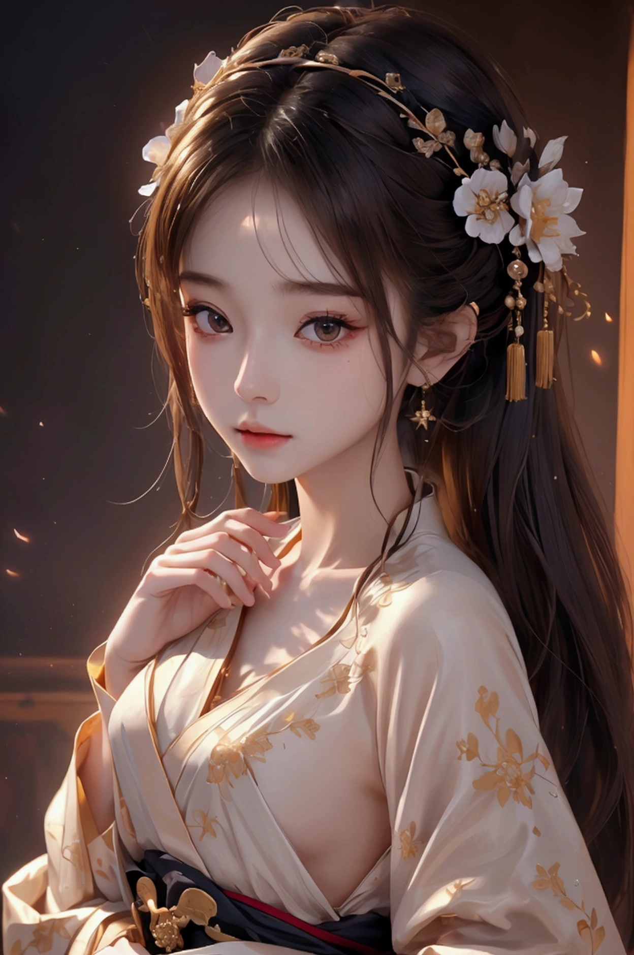 8k, RAW Photos, Highest quality, masterpiece: 1.2), (Realistic, Photo Realistic: 1.4), {{{One girl}}},, Depth of written boundary, whole body, Cinema Lighting, Asian Girl, Beautiful Faces, Beautiful body, sweating, , Depth of written boundary, skin, ear, Pale skin, Highest quality, masterpiece, figure, Very disciplely and beautiful, Very detailed,CG,Unity,8k wallpaper,wonderful,In detail,Master,Highest quality,Official Art,Very detailed CG Unity 8k wallpaper,Ridiculous,incredibly Ridiculous,Large file size, Very redundant, High resolution, Very redundant, Beautiful detailed girl, Very detailed目と顔, Beautiful attention to detail, Light on the face, (Hanfu: 1.1), One girl、Small breasts