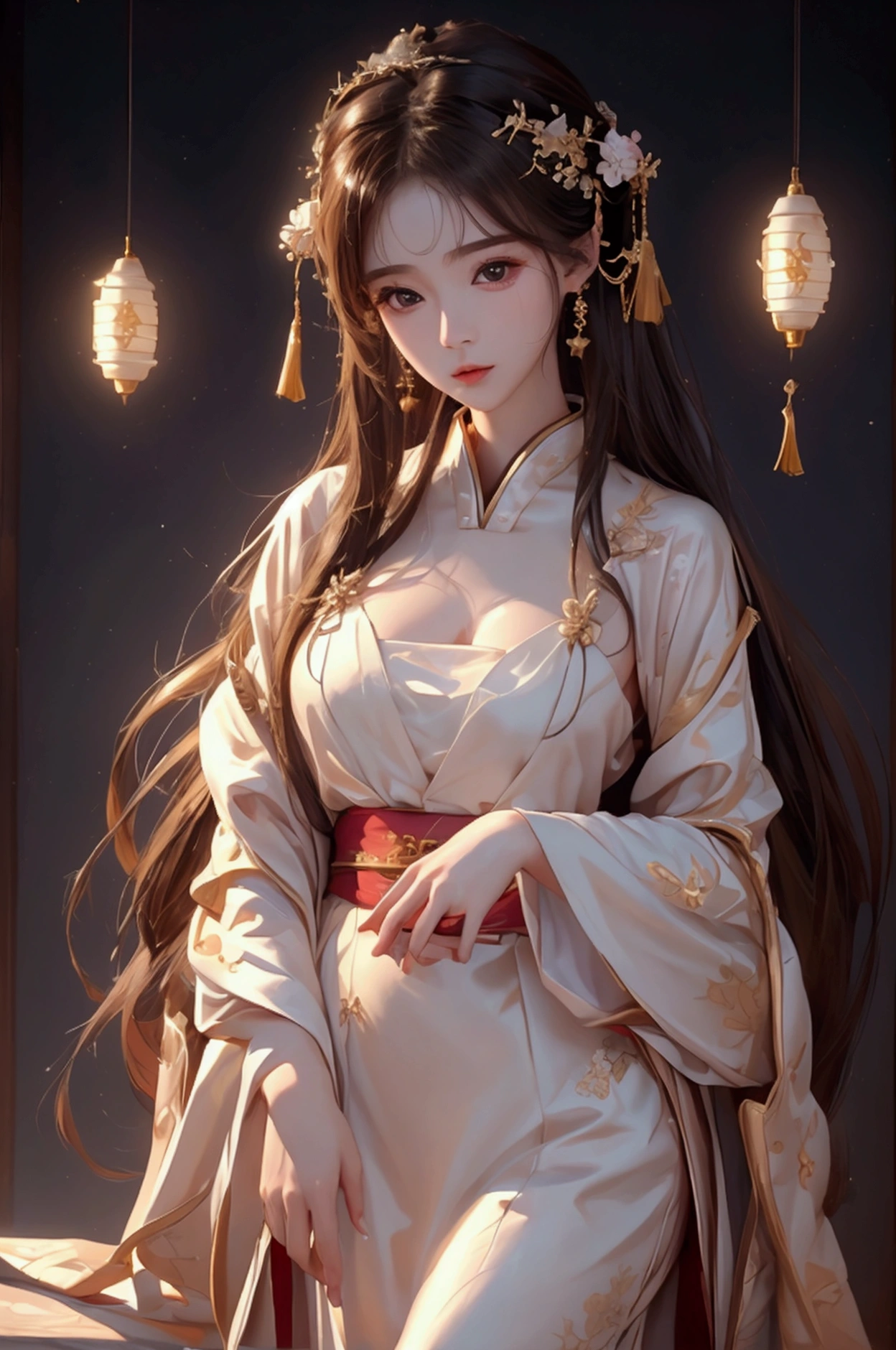 8k, RAW Photos, Highest quality, masterpiece: 1.2), (Realistic, Photo Realistic: 1.4), {{{One girl}}},, Depth of written boundary, whole body, Cinema Lighting, Asian Girl, Beautiful Faces, Beautiful body, sweating, , Depth of written boundary, skin, ear, Pale skin, Highest quality, masterpiece, figure, Very disciplely and beautiful, Very detailed,CG,Unity,8k wallpaper,wonderful,In detail,Master,Highest quality,Official Art,Very detailed CG Unity 8k wallpaper,Ridiculous,incredibly Ridiculous,Large file size, Very redundant, High resolution, Very redundant, Beautiful detailed girl, Very detailed目と顔, Beautiful attention to detail, Light on the face, (Hanfu: 1.1), One girl、Small breasts