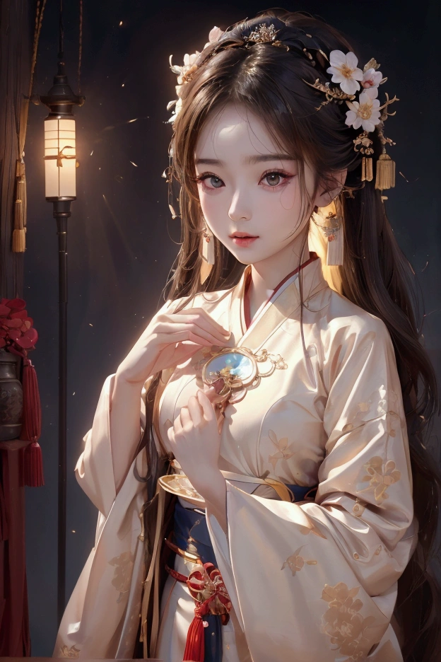 8k, RAW Photos, Highest quality, masterpiece: 1.2), (Realistic, Photo Realistic: 1.4), {{{One girl}}},, Depth of written boundary, whole body, Cinema Lighting, Asian Girl, Beautiful Faces, Beautiful body, sweating, , Depth of written boundary, skin, ear, Pale skin, Highest quality, masterpiece, figure, Very disciplely and beautiful, Very detailed,CG,Unity,8k wallpaper,wonderful,In detail,Master,Highest quality,Official Art,Very detailed CG Unity 8k wallpaper,Ridiculous,incredibly Ridiculous,Large file size, Very redundant, High resolution, Very redundant, Beautiful detailed girl, Very detailed目と顔, Beautiful attention to detail, Light on the face, (Hanfu: 1.1), One girl、Small breasts